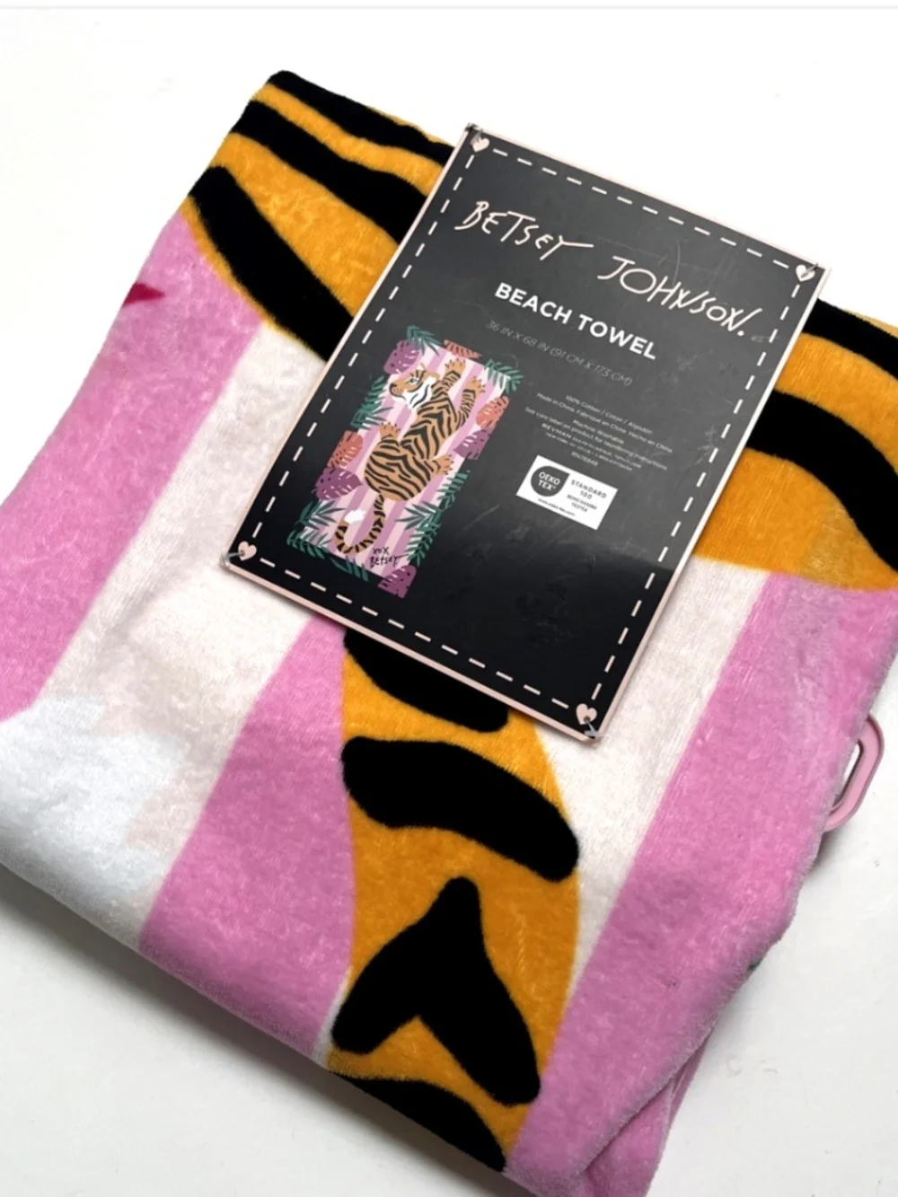 Betsey Johnson Beach Towel Tiger Tropical Pink Striped 36x68 Cotton NWT